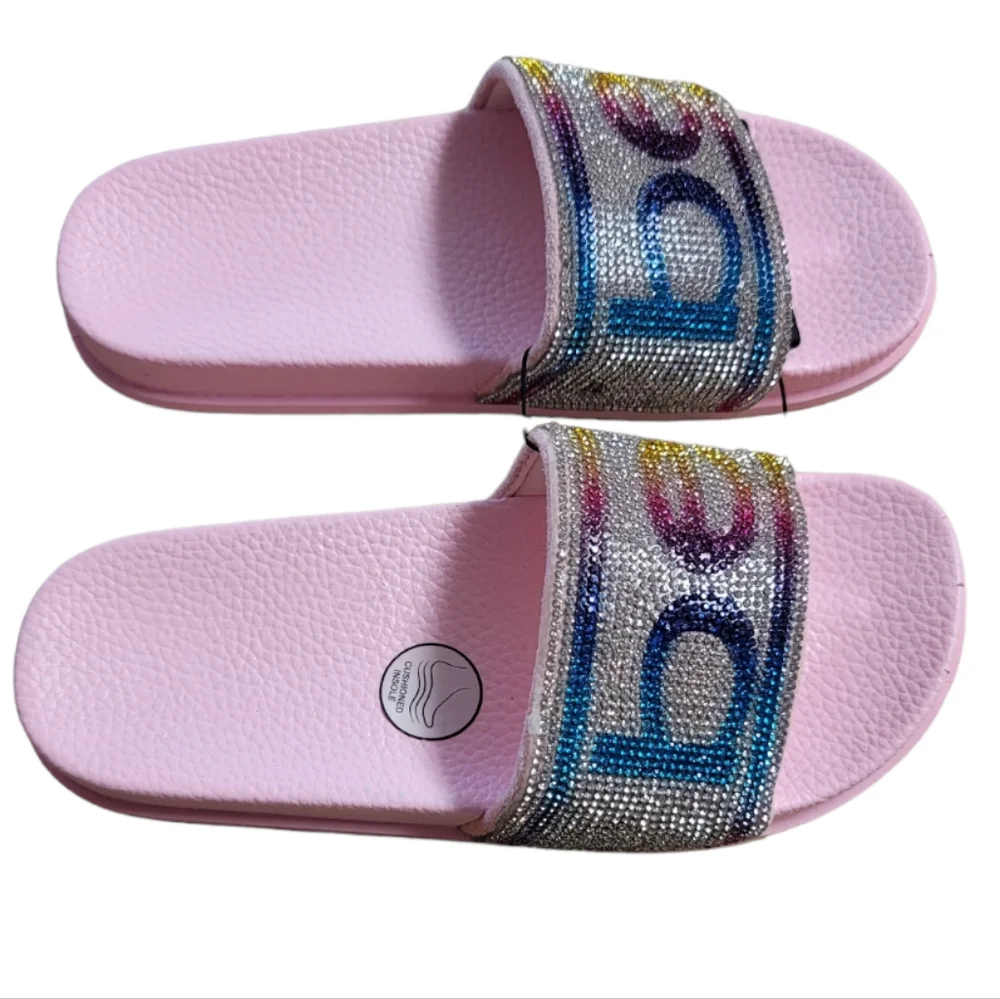 Bebe Girls Light Pink Multicolored Rhinestone Logo Slides, Size XL (4/5)